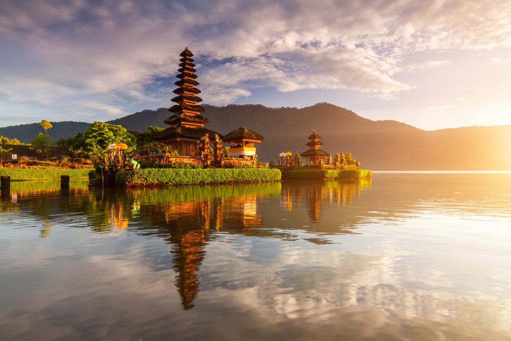 Pura Ulun Danu temple panorama at sunrise on a lake Bratan, Bali, Indonesia.